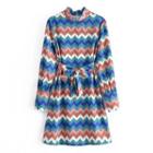 Long-sleeve Zigzag Pattern Tie-waist A-line Dress