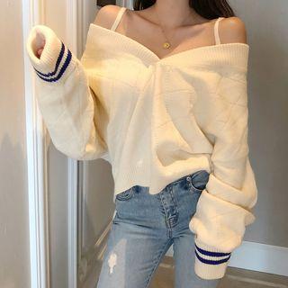 Plain V-neck Off-shoulder Sweater Beige - One Size
