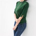 Elbow-sleeve Slit-detail Knit Top