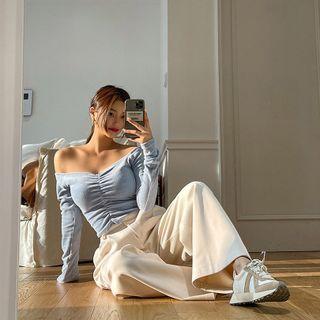 Off-shoulder Shirred Velvet Crop Top