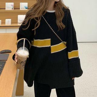 Striped Ribbed Sweater / Velvet Wide Leg Pants