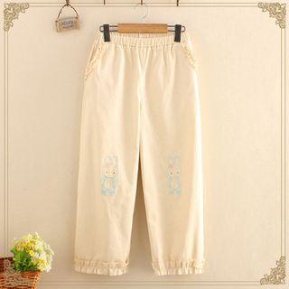 Rabbit Embroidered Tie-ankle Straight-leg Pants Khaki - One Size