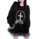 Cross Jacquard Fluffy Trim Sweater Black - One Size