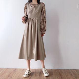 Set: Plaid Long-sleeve Blouse + Midi A-line Pinafore Dress