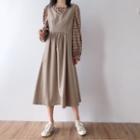 Set: Plaid Long-sleeve Blouse + Midi A-line Pinafore Dress