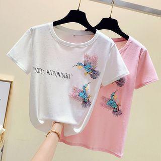 Short-sleeve Sequined Bird Letter T-shirt