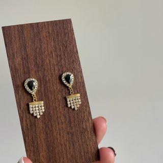 925 Sterling Rhinestone Tassel Stud Earring E338 - Gold - One Size