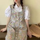 Ruffle Short-sleeve Shirt / Floral Strappy Midi A-line Dress