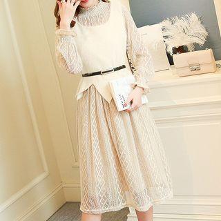 Set: Vest + Long-sleeve Lace A-line Midi Dress