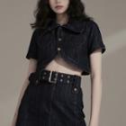 Set: Short-sleeve Denim Crop Shirt + Belted Mini Skirt