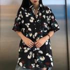 Elbow-sleeve Floral Shirt Black - One Size