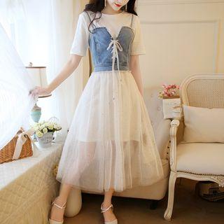 Set: Short-sleeve Plain Tank Dress + Lace-up Denim Panel Mesh Midi Dress