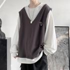 Inset Distressed Vest Long-sleeve Pullover