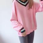 Distressed V-neck Long-sleeve Sweater