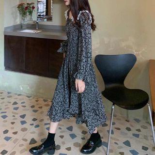 Lantern-sleeve Lace Trim Floral Midi A-line Dress
