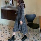 Lantern-sleeve Lace Trim Floral Midi A-line Dress