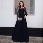 Cutout Long Sleeve Sequined Mesh A-line Evening Gown