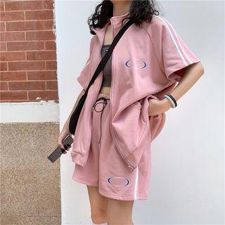 Set: Short-sleeve Embroidered T-shirt + Sweatshorts Pink - One Size