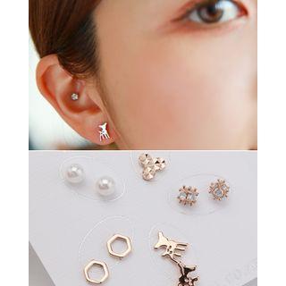 Faux-pearl / Clover / Rhinestone / Deer / Hexagon Ear Stud Set (10 Pcs)