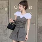 Mock Two-piece Short-sleeve Asymmetrical Hem Ruched Top / High-waist Shorts