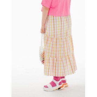 Linen Blend Plaid Maxi Tiered Skirt