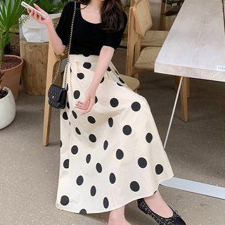 Set: Short-sleeve Plain T-shirt + Dotted Midi A-line Skirt