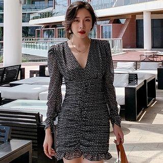 Long-sleeve Dotted Mini Bodycon Chiffon Dress