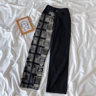 Print Color Block High-waist Wide Leg Jeans