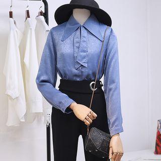 Pointy Ribbon-collar Satin Shirt