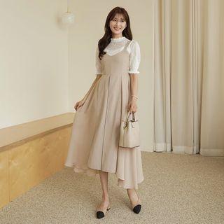 Pleated Long Flared Overall Dress