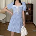 Short-sleeve Plaid Bow-accent A-line Dress