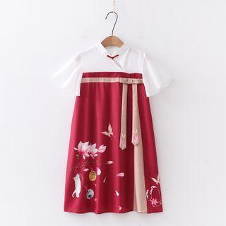 Ruffle-sleeve Cat & Butterfly Print Dress