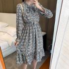 Floral Long-sleeve Midi A-line Dress / Sweater Vest