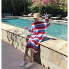 Long-sleeve Striped Midi Knit Dress Stripes - Red & Blue & White - One Size
