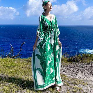 3/4-sleeve Leaf Print Maxi Dress Green - One Size