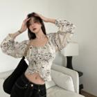 Long-sleeve Cropped Blouse Black Print - White - One Size