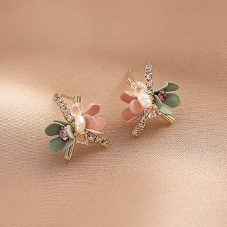 Flower Rhinestone Alloy Earring 1 Pair - Pink & Green Flower - Gold - One Size