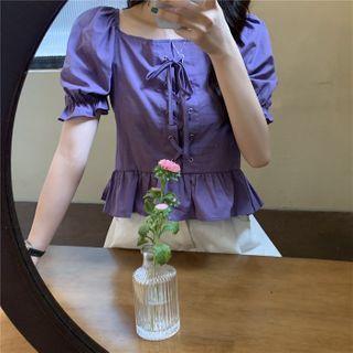 Puff-sleeve Lace-up Peplum Top