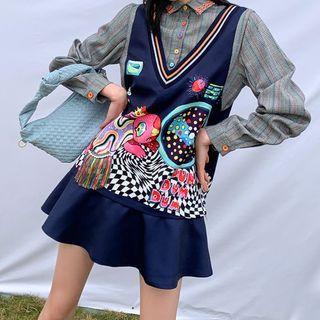 Mock Two-piece Long-sleeve Graphic Print Mini Shirtdress