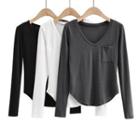 Long-sleeve V-neck Plain Pocketed T-shirt