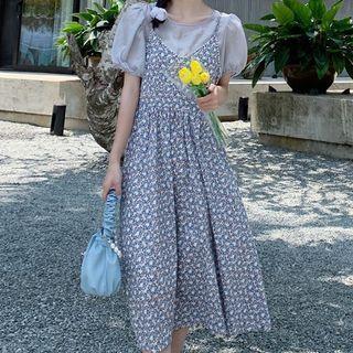 Set: Puff-sleeve Blouse + Spaghetti Strap Floral Midi A-line Dress