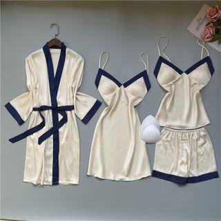 Loungewear Set : Contrast Trim Suspender Sleep Dress + Camisole Top + Shorts + Robe