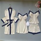 Loungewear Set : Contrast Trim Suspender Sleep Dress + Camisole Top + Shorts + Robe