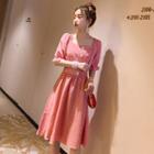 Elbow-sleeve Frill Trim Gingham A-line Dress