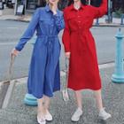 Long-sleeve Drawstring Midi A-line Shirt Dress