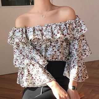 Floral Print Off-shoulder Ruffle Chiffon Top