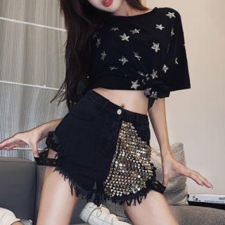 Short-sleeve Sequined Crop T-shirt / Sequined Denim Shorts
