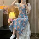 Puff-sleeve Round-neck Plain Top / Floral Denim Camisole Top / High-waist Floral Denim Midi Skirt