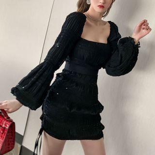 Lantern-sleeve Sequined Mini Sheath Dress
