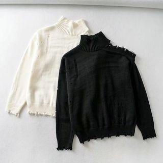Distressed Cold Shoulder Mock-neck Sweater